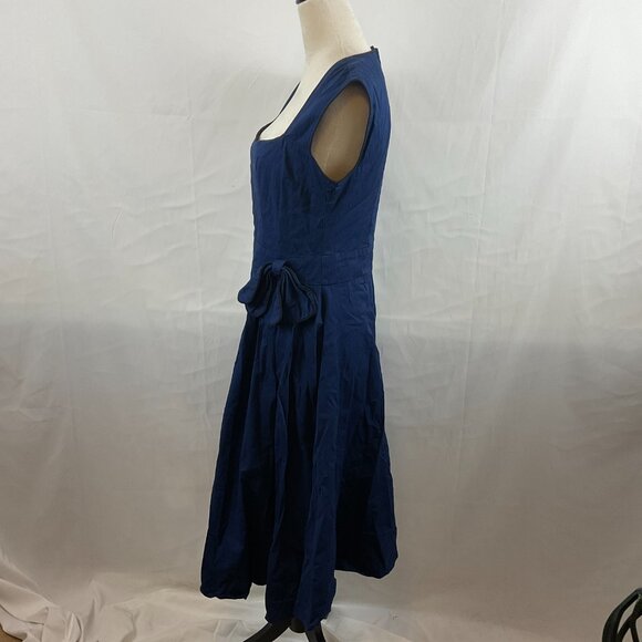 Lindy Bop Fit & Flare Dress US L Navy Blue Black Trim Pleated Sleeveless Bow - Picture 7 of 13